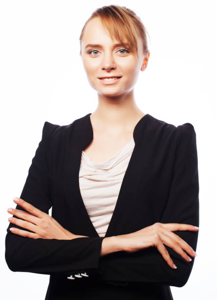 business, real estate, banking and people concept: young business woman isolated on white