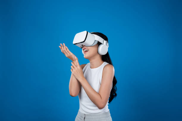 istock Elegant female stand excited seeing virtual scenery in metaverse. Hallucination. 2170597640