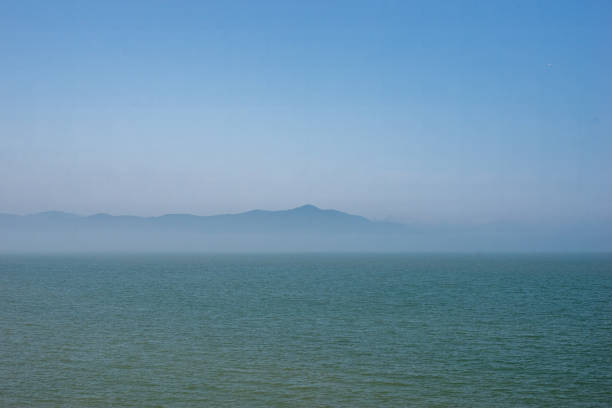 The horizontal line, fog, and island.