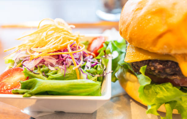 Hamburger plate in the restaurant