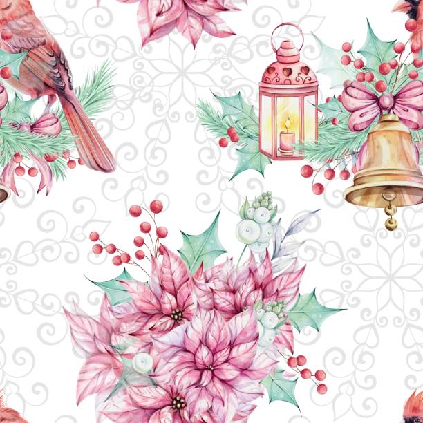 Watercolor seamless pattern - Christmas bird red cardinal, bells, gift, berries, poinsettia flowers bouquet with holly green leaves. Openwork snowflake.Symbol of Christmas. Winter holiday decoration in retro, vintage style. For wallpaper, background Watercolor seamless pattern - Christmas bird red cardinal, bells, gift, berries, poinsettia flowers bouquet with holly green leaves. Openwork snowflake.Symbol of Christmas. Winter holiday decoration in retro, vintage style. For wallpaper, background, fabric, printing three red cardinals stock illustrations