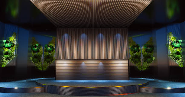 istock Empty blue poduim for product display with plants behind, interior showroom background 2170603597