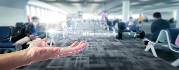 istock Individuals use the internet and advanced holographic graphics and AI technology for smooth translation. Supports multiple languages such as English, Chinese, Russian, Ukrainian, Japanese, and Thai. 2170605225
