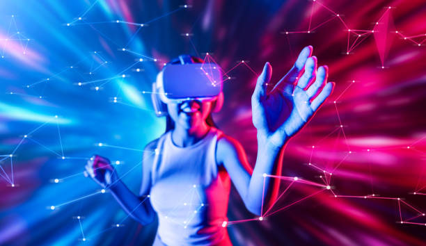 istock Elegant woman in metaverse woman use finger touch virtual object. Hallucination. 2170605579