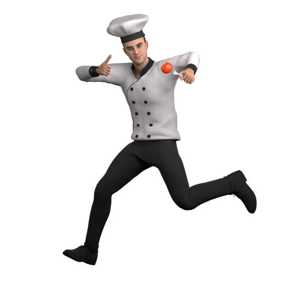 Male Chef in 3D Professional Culinary. A male chef jumps while holding a fork with a tomato on it and shows a thumbs up with his other hand. Cartoon