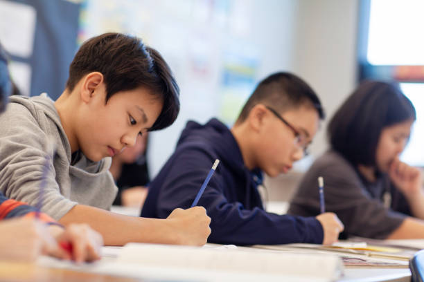 istock Asian multiracial Korean Japanese boy studies in elementary school classroom with classmates 2170615719