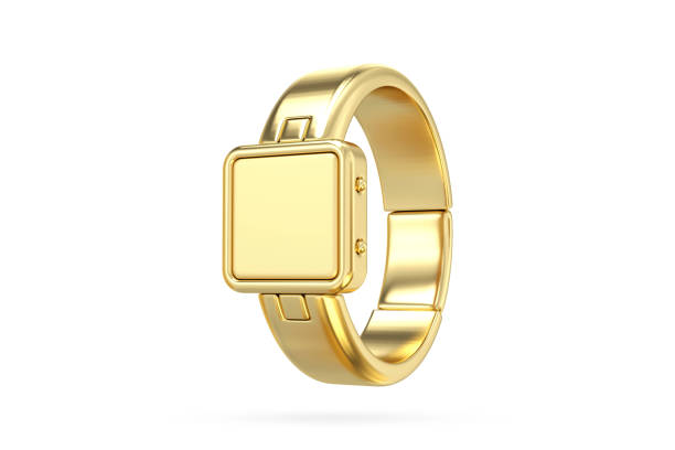 A modern, golden smartwatch 3D rendering icon, featuring a sleek, square face and a metallic gold band. This luxurious wearable is ideal for fashion-forward tech concepts