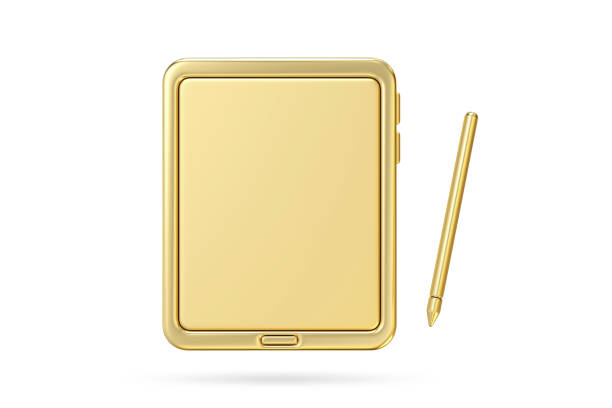 A golden tablet with a matching stylus, shown in clean 3D render. Perfect for creative tech-related themes or luxury branding, highlighting high-end, professional, and elegant digital tool