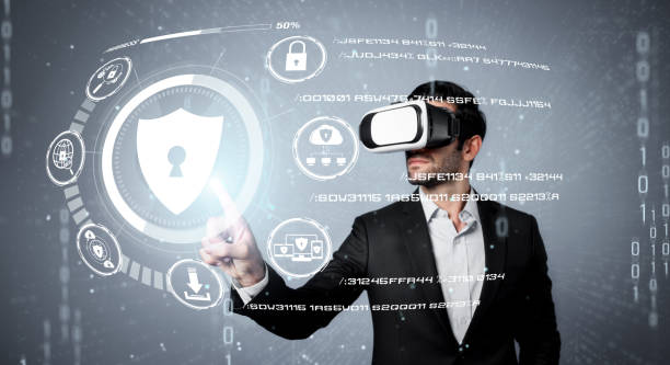 istock Manager wearing VR glasses while look at hologram of security system. Deviation. 2170618884