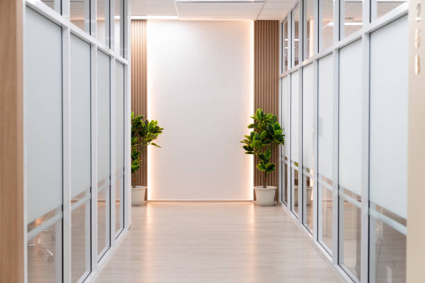 istock Empty modern office bright corridor with glass wall. Hall way. Ornamented. 2170623480