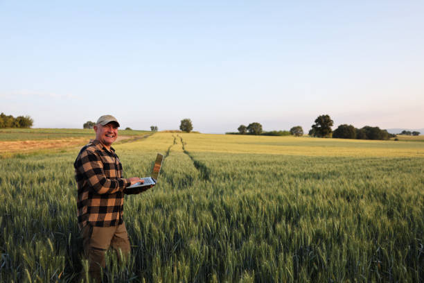 istock Farmer working with laptop on wheat field. 2170626286