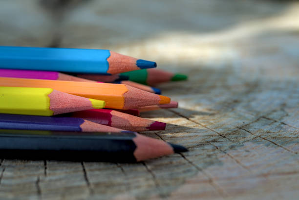 Colored pencils are scattered on the wood