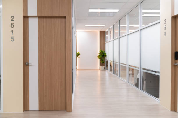 istock Empty modern office bright corridor with glass wall. Hall way. Ornamented. 2170627288