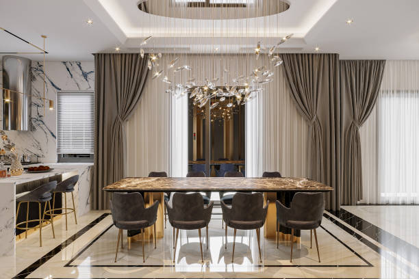 istock 3D rendering of the elegant dining room with a marble table and stylish chairs 2170627416