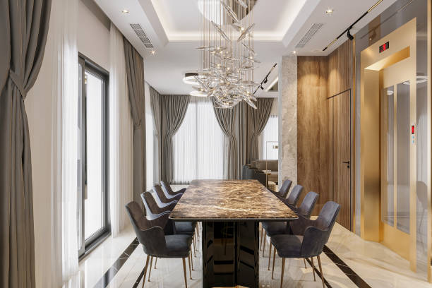 istock Contemporary Dining Oasis luxurious dining room featuring a statement dining set-up and chandelier 2170627433