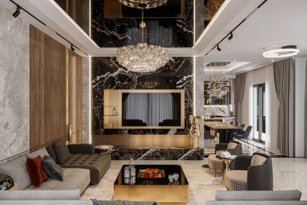 istock Luxurious living room with a sofa, marble and wood paneling wall, and a mirrored ceiling leading to a marble floor 2170627465