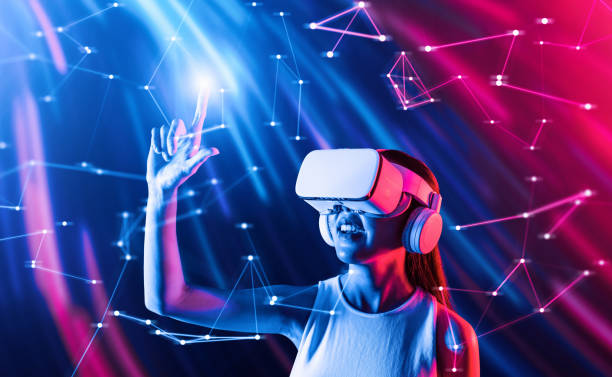 istock Smart Female connect metaverse use fingers touch virtual object. Hallucination. 2170627576