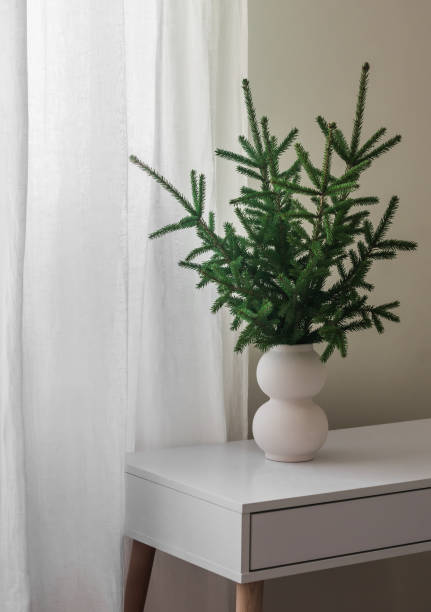 istock Fir branches in a white ceramic vase on a white table. Christmas Home Decor 2170628070