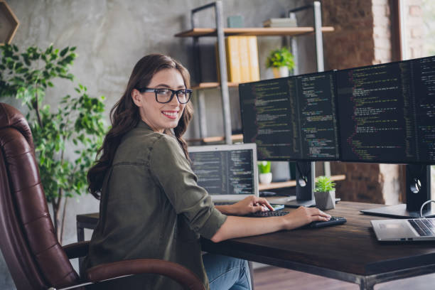 istock Photo of smiling lady specialist computer sphere working home write site research program server operating system office indoor workstation 2170631591