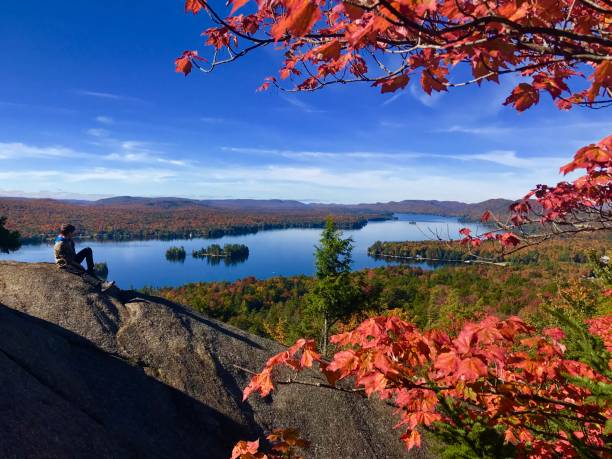 Person sitting on Mountain over looking a chain lake in the Adirondacks, NY. Picture is framed by red leaves on branches in foreground.