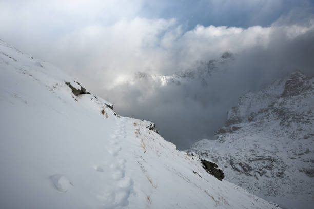 Mountain landscape, High Tatras, winter. Traveling along winter trails in the mountains.