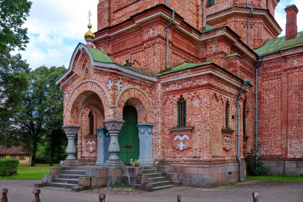 Red brick Orthodox church. Luldiga, Latvia.