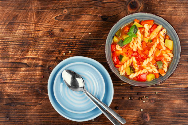 istock Italian minestrone soup on wooden background. 2170641838