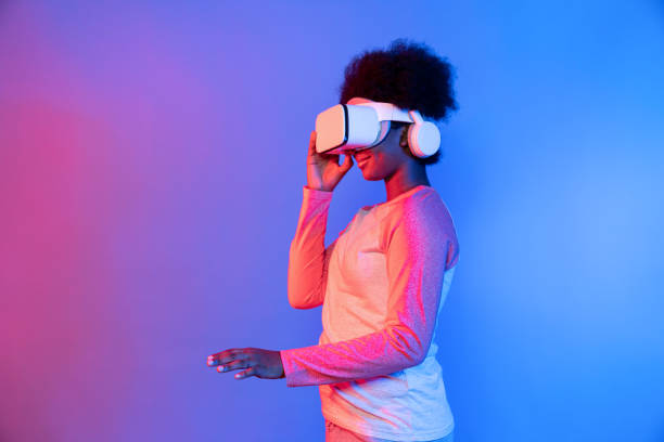 istock Young African wearing VR through meta select 3D hologram data app. Contrivance. 2170642710