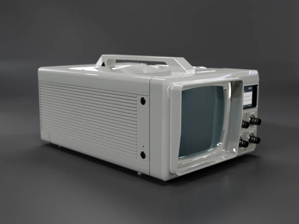 3d rendering of vintage portable analogue TV set on gray background