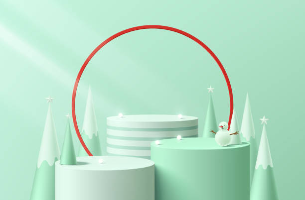 istock 3D green round podium background with white Christmas tree, Snowman, neon ball. Abstract composition minimalist design. 3D Studio display showroom product pedestal, Fashion stage showcase mockup scene 2170648926