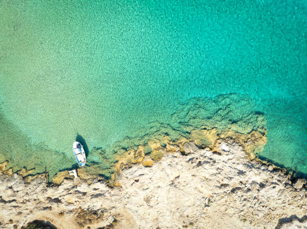 view from above of a boat  in Lipsi, Dodecanese Islands