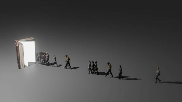 istock 3d illustration. A group of people were walking towards a big book. 2170649925