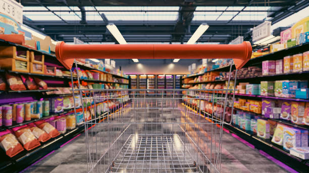 Supermarket aisle with empty red shopping cart. 3d illustration