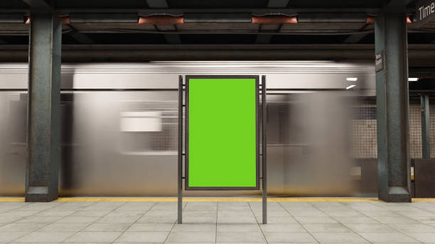 Empty billboard with a green screen for advertising on a subway station. 3D illustrator