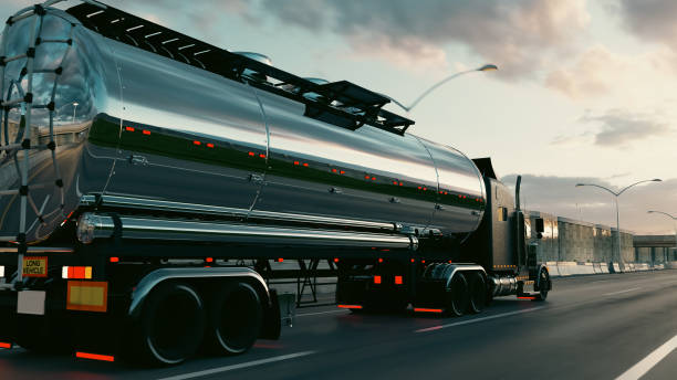American style truck on freeway pulling load. Transportation theme. 3D illustration