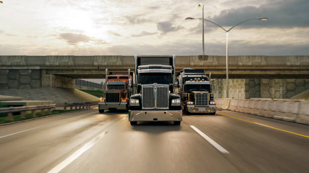 American style truck on freeway pulling load. Transportation theme. 3D illustration