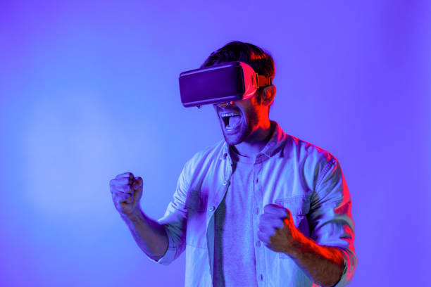 istock Happy excited man watching at sport competition at virtual world. Deviation. 2170651688