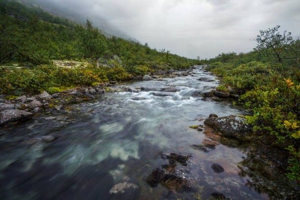 Dramatic scenery. Low overcast clouds over the small mountain river. Khibiny, Kola Peninsula, Russia