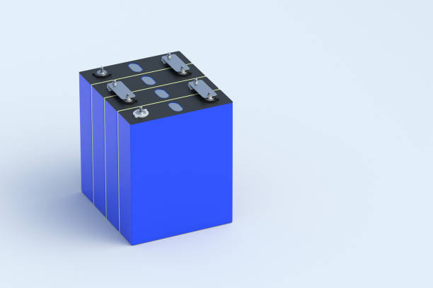 istock Set of LiFePo4 cells on gray background. Prismatic modules for lithium iron phosphate battery. Uninterruptible power supply. Copy space. 3d render 2170655346