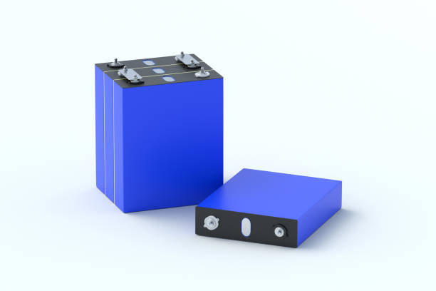 istock Set of LiFePo4 cells on gray background. Prismatic modules for lithium iron phosphate battery. Uninterruptible power supply. 3d render 2170655350