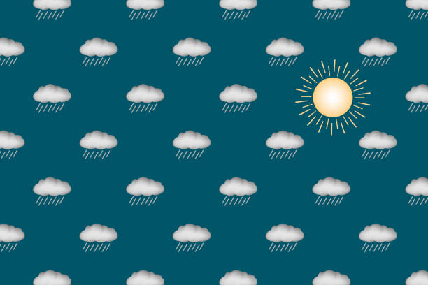 Horizontal seamless sun, clouds and rain pattern illustration. Lots of clouds and one sun on blue background.