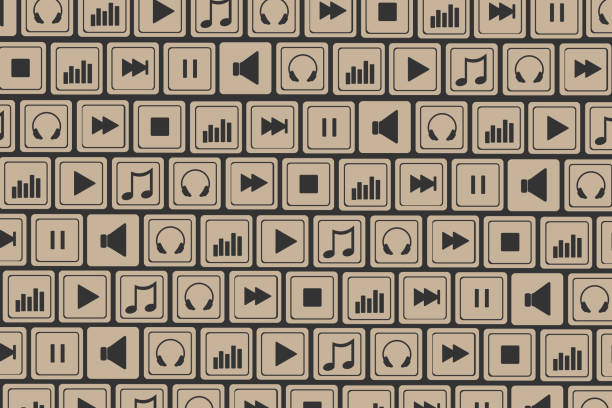 Horizontal seamless pattern illustration of musical icons on brown background.