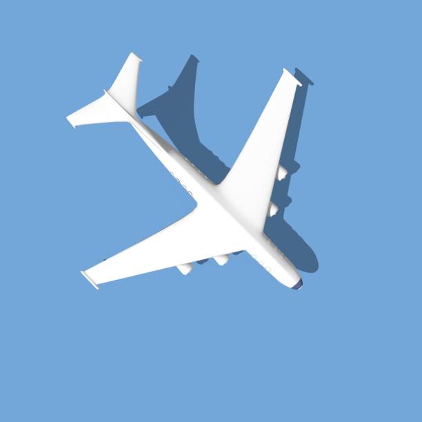 istock White 3d plane render with a shadow on a blue background. Airplane travel background illustration. 3D Rendering. 2170659597