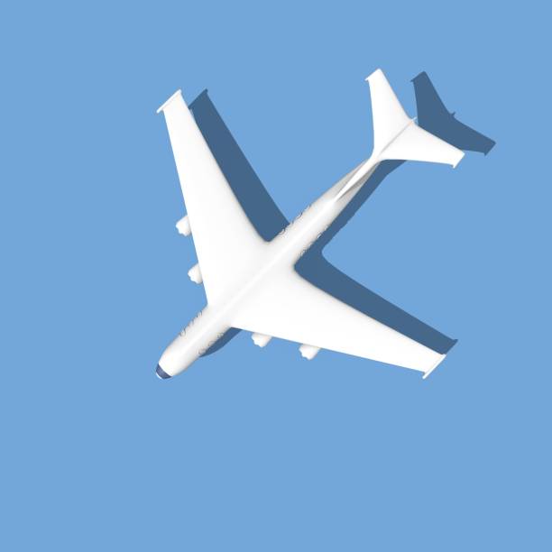 istock White 3d plane render with a shadow on a blue background. Airplane travel background illustration. 3D Rendering. 2170659618