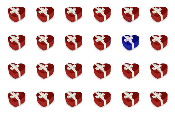 Horizontal pattern of red heart shaped gift boxes 3d render on white background. Pattern on colored background. Holidays and love concept. Valentine's day design idea.