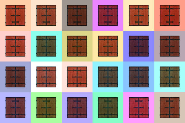Horizontal seamless pattern of double wooden colorful doors isolated on multicolored background.