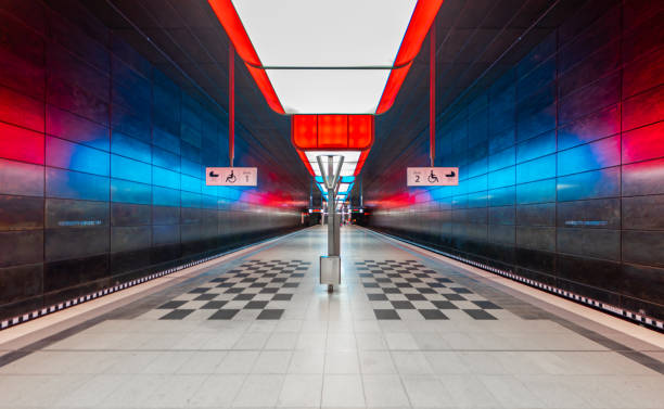 Germany, Hamburg, Station Hafencity, August 17, 2024  -Colorful subway station Hafencity