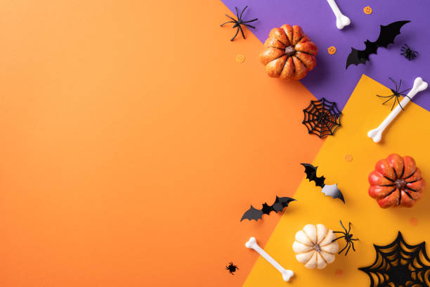 istock Stylish Halloween background featuring pumpkins, bats, spiders, and bones on vibrant orange and purple backdrop. Perfect for festive and spooky design concepts 2170688148