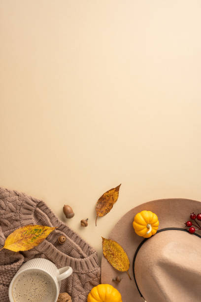 istock Warm vertical autumn setting featuring a sweater, hat, coffee, leaves, and mini pumpkins on a beige backdrop. Perfect for seasonal themes and cozy concepts 2170688206