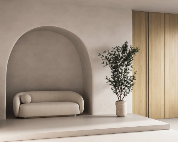 istock Modern minimalist living space featuring a stylish curved sofa along with vibrant green plants, 3d rendering 2170688360